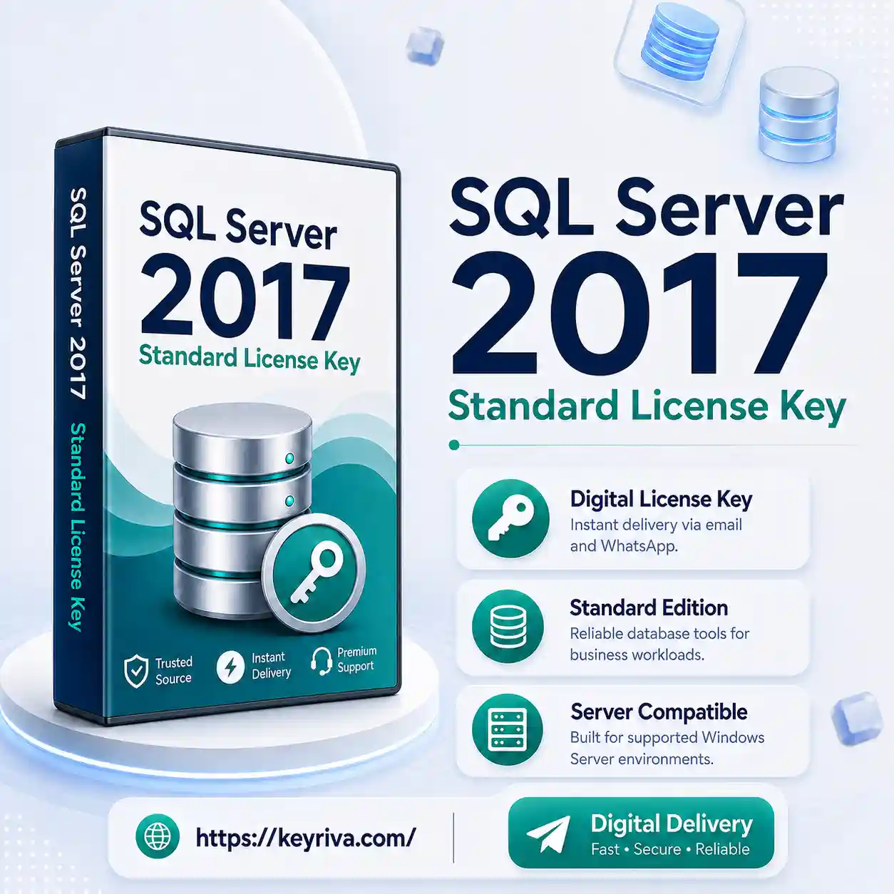 SQL Server 2017 Standard License Key SQL Server 2017 Standard License Key product image for KeyRiva, designed for business database and server deployment with digital delivery.